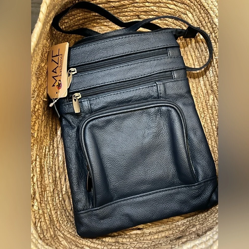 Maze Crossbody Navy Leather 5 Zip 1 Pocket